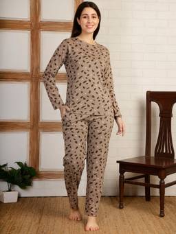Smarty Pants - Women Leaf Printed Chocolate Cotton Night Suit