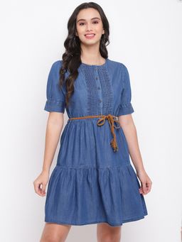 Latin Quarters - Denim Blue Solid A-line Dress with Pleats & Ruffles (Set of 2)