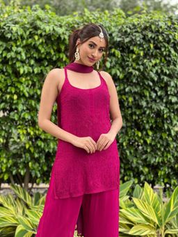 Label Aishwaryrika - Ruby Pink Short Strappy Chikankari Kurti