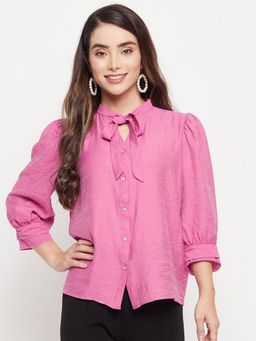 Madame - Pink Solid Tie-Up Neck Shirts