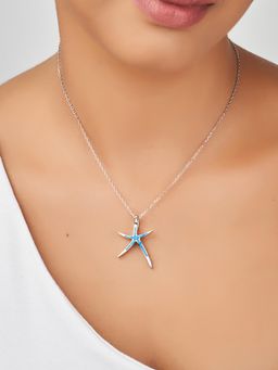 Nistra - 925 Sterling Silver Created Opal Aqua Starfish Necklace For Women