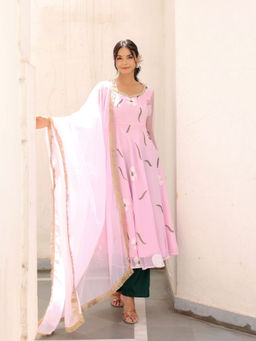 PRIYANKA CHOUDHARY - Pink Floral Anarkali Kurta with Palazzo and Dupatta (Set of 3)