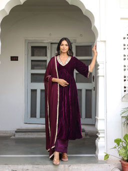 PRIYANKA CHOUDHARY - Wine Solid Anarkali Kurta with Palazzo and Dupatta (Set of 3)