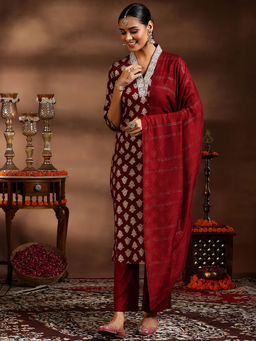 Libas - Maroon Silk Blend Printed Kurta Sets for Women