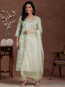 Libas - Green Organza Printed Kurta sets for Women