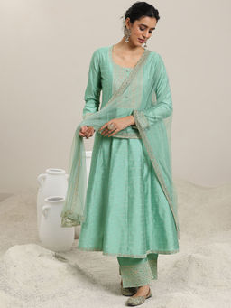 Libas - Sea Green Embroidered Chanderi Silk Anarkali Sets for Women