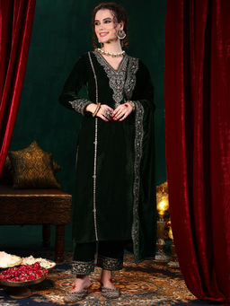Libas - Green Velvet Embroidered Kurta Sets for Women