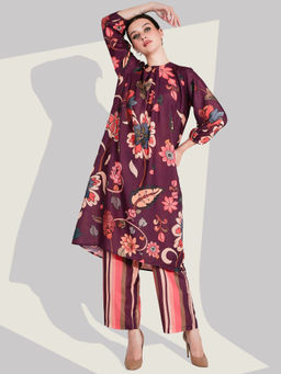 Dora Dori - Maroon Floral Kurta and Pant (Set of 2)