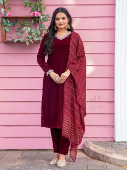 WEAVLLITE - Maroon Solid Kurta with Pant and Dupatta (Set of 3)