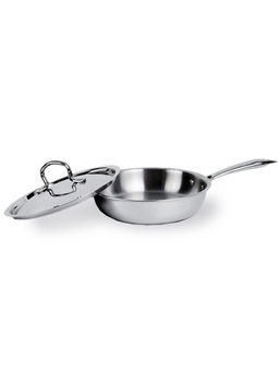 Kuber Industries - Tri-Ply Kadhai With Lid-Heat Surround Cooking Frypan-1.5 Liter-Silver