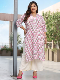 Extra love by Libas - Woman Plus Size Off White-Pink Floral Printed Straight Cotton Kurta