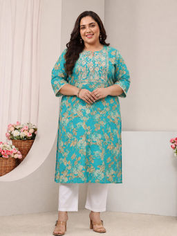 Extra love by Libas - Blue Plus Size Floral Printed and Yoke Embroidered Straight Kurta