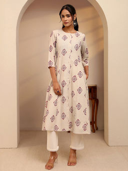 Libas - Off White Ethnic Motif Printed Panelled A-Line Kurta