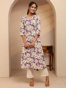 Libas - Purple Floral Printed Panelled A-Line Kurta