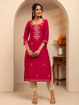 Libas - Red Embroidered Straight Kurta