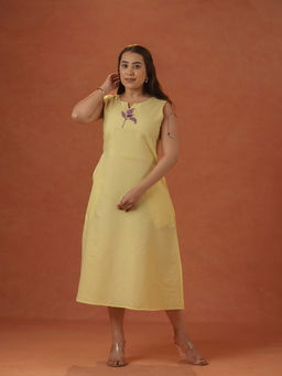 Meeshara - Light Yellow Hand Embroidery Dress