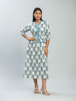 Baaori - Off White-Blue Pure Cotton Floral Block Printed Peplum Dress