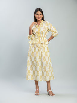 Baaori - Off White-Yellow Pure Cotton Floral Block Printed Peplum Dress