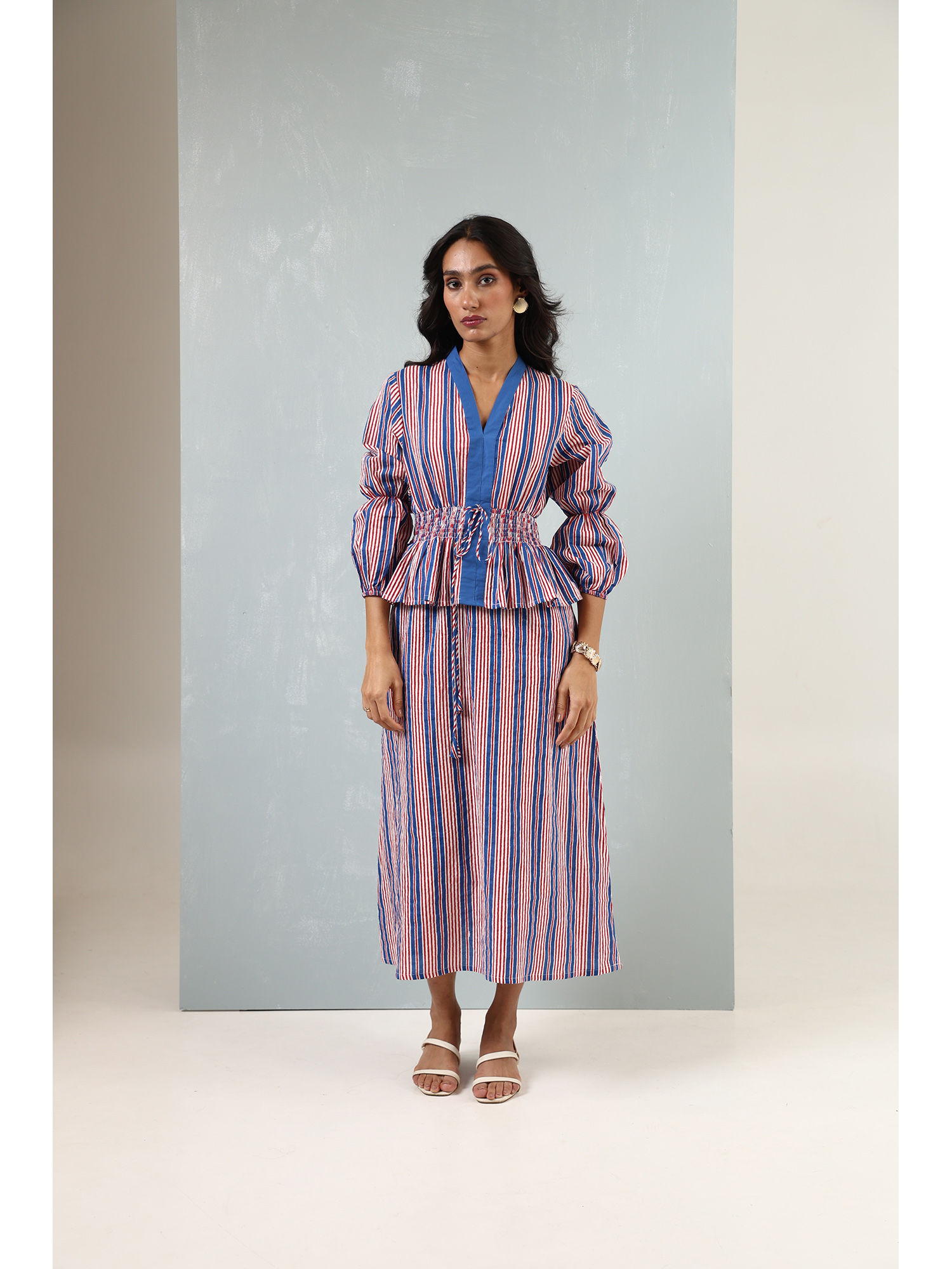 Multi-Color Pure Cotton Striped Printed Peplum Dress-image-12