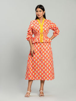 Baaori - Orange Pure Cotton Floral Block Printed Peplum Dress