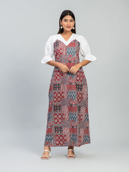 Baaori - Multi-Color Pure Cotton Floral Ajrakh Printed A Line Dress