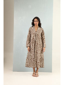 Baaori - Brown Pure Cotton Floral Printed A Line Dress