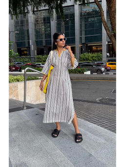 Baaori - White-Black Pure Cotton Striped Printed A Line Dress