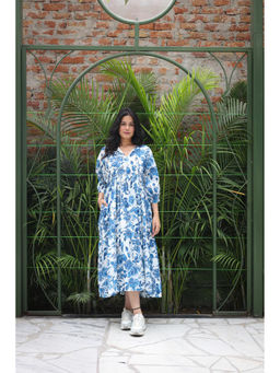 Baaori - Blue Pure Cotton Floral Printed Flared Dress