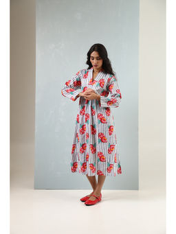 Baaori - Grey Pure Cotton Striped Printed A Line Dress