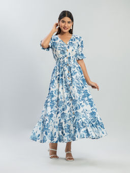 Baaori - Blue Pure Cotton Floral Printed A Line Dress