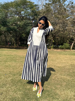 Baaori - Navy Blue Pure Cotton Stripes Printed A Line Dress