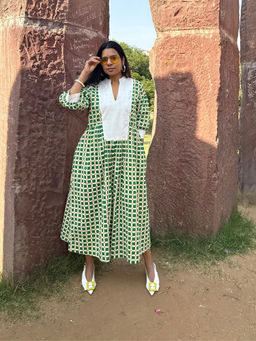 Baaori - Green Pure Cotton Checks Printed A Line Dress