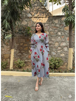 Baaori - Multi-Color Pure Cotton Gingham Floral Printed Dress