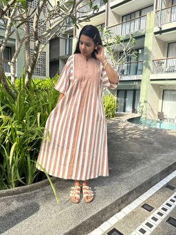 Baaori - Pure Cotton Light Brown-White Stripes Printed Dress