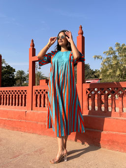 Baaori - Pure Cotton Sky Blue-Orange Stripes Printed Dress