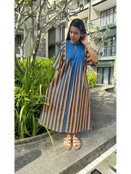 Baaori - Pure Cotton Blue-Orange Stripes Printed Dress