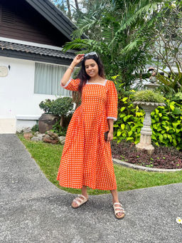 Baaori - Orange Pure Cotton Checks Printed Dress