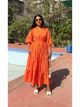 Baaori - Orange Checks Printed Dress with Belt