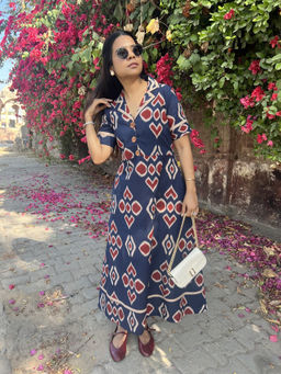 Baaori - Pure Cotton Navy Blue Ikat Printed Dress