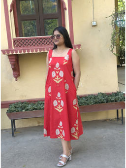 Baaori - Red A-Line Floral Printed Pure Cotton Dress