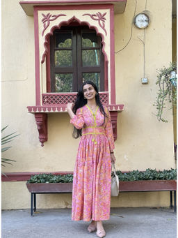 Baaori - Pink Floral Printed Jaal Pure Cotton Dress