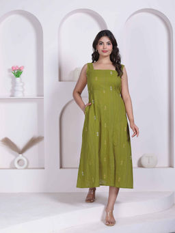 Doriyaan - Olive Woven A-Line Midi Dress