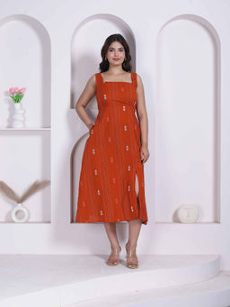 Doriyaan - Rust Woven A-Line Midi Dress