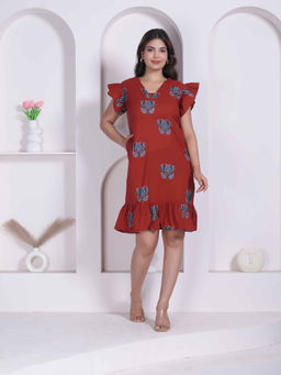 Doriyaan - Rust Floral Printed Dress