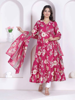 Doriyaan - Pink Floral Printed Angrakha Kurta with Dupatta