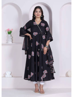 Doriyaan - Black Floral Printed Angrakha Kurta with Dupatta