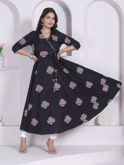 Doriyaan - Black Cotton Floral Printed Angrakha Kurta