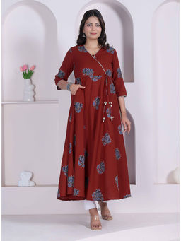 Doriyaan - Rust Floral Printed Angrakha Kurta