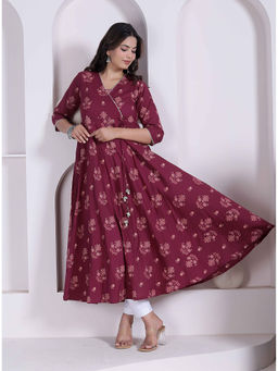 Doriyaan - Maroon Floral Printed Angrakha Kurta