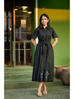 Vastara TheLabel - Black Pure Flex Cotton Floral Embroidery Dress with Belt